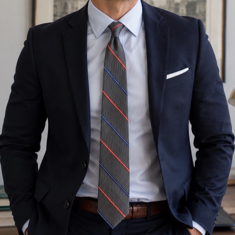 Gian Paulo Italia Gray Striped Neck Tie with Red & Blue Accents